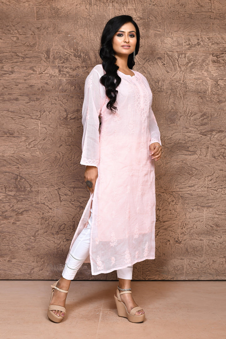 Light Peach Pure Kota Chikankari Kurta With Slip