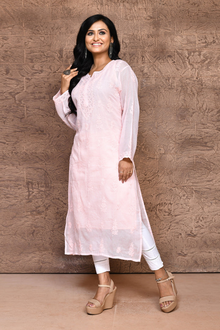 Light Peach Pure Kota Chikankari Kurta With Slip