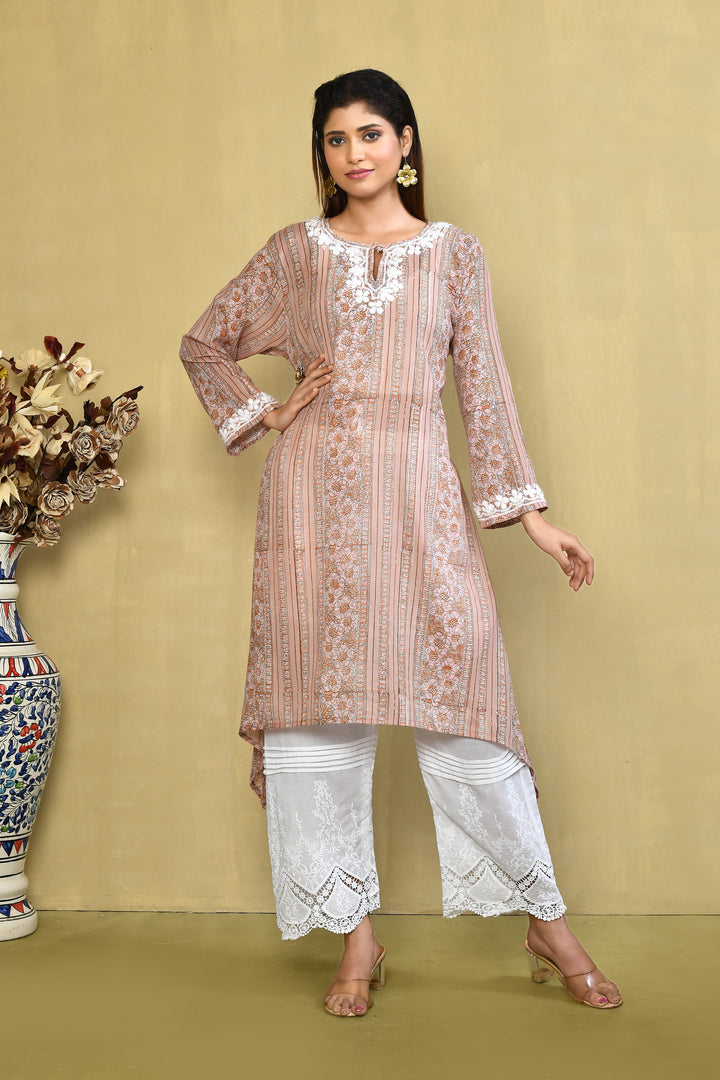 Light Peach Stripes Handblock Printed Chikanari Kurta