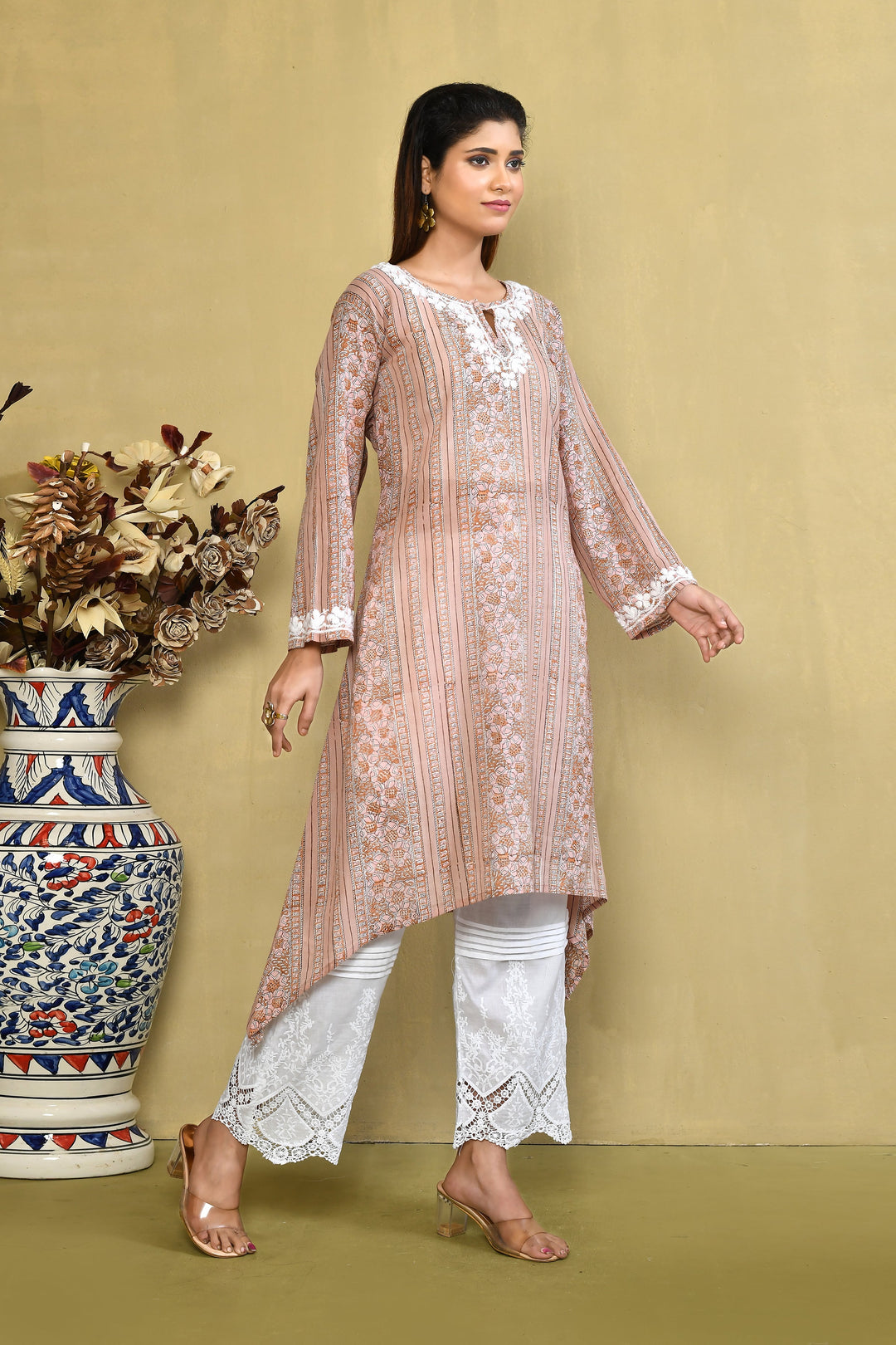 Light Peach Stripes Handblock Printed Chikanari Kurta