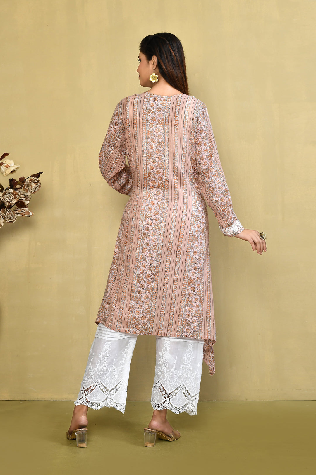 Light Peach Stripes Handblock Printed Chikanari Kurta