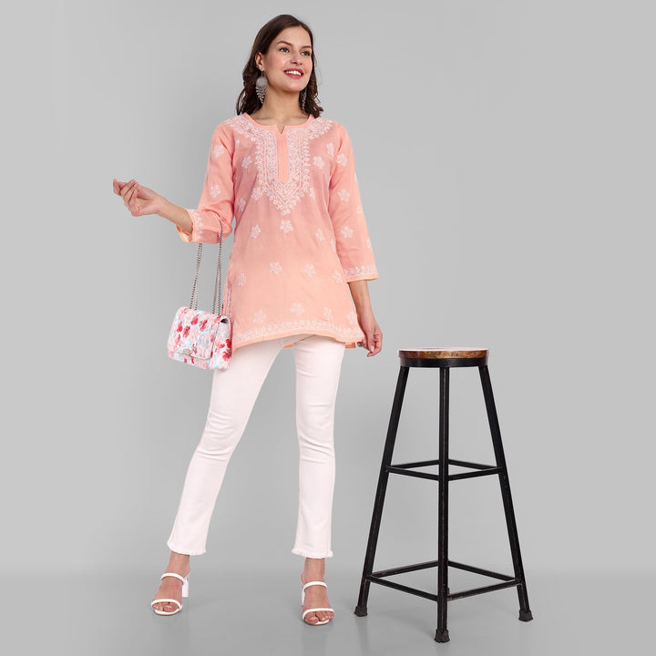 Light Peach & White Floral Bale Booti Chikankari Tunic Top