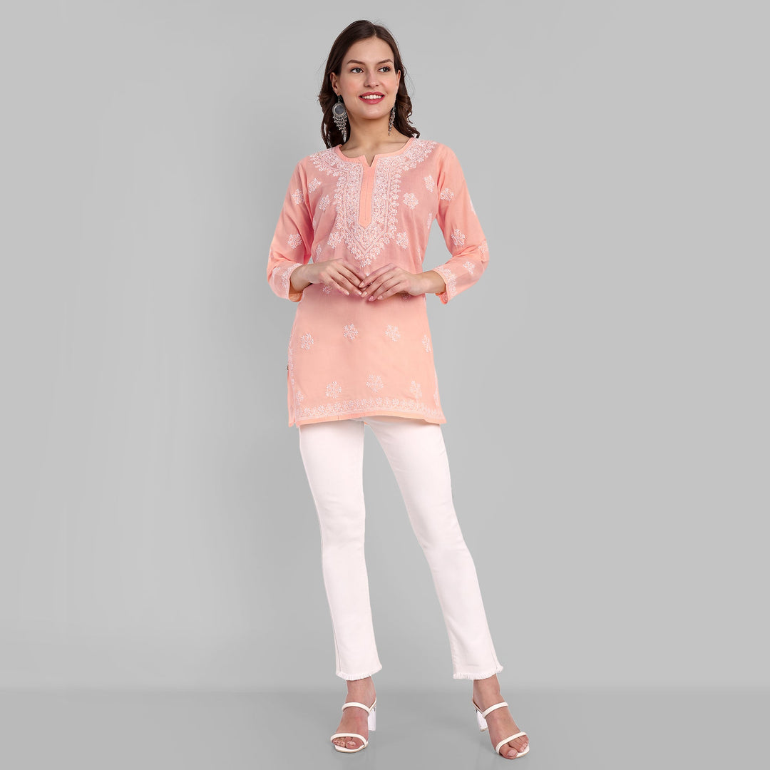 Light Peach & White Floral Bale Booti Chikankari Tunic Top