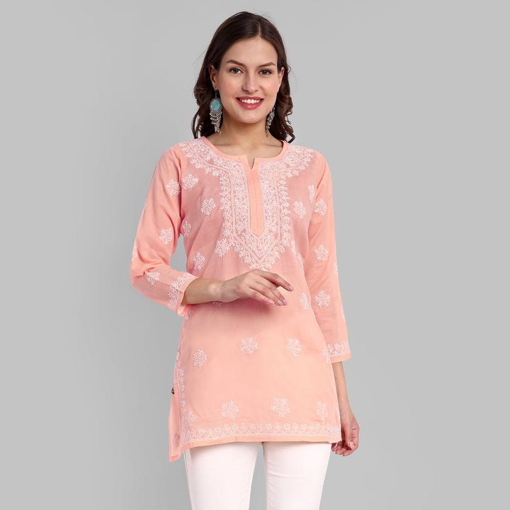 Light Peach & White Floral Bale Booti Chikankari Tunic Top