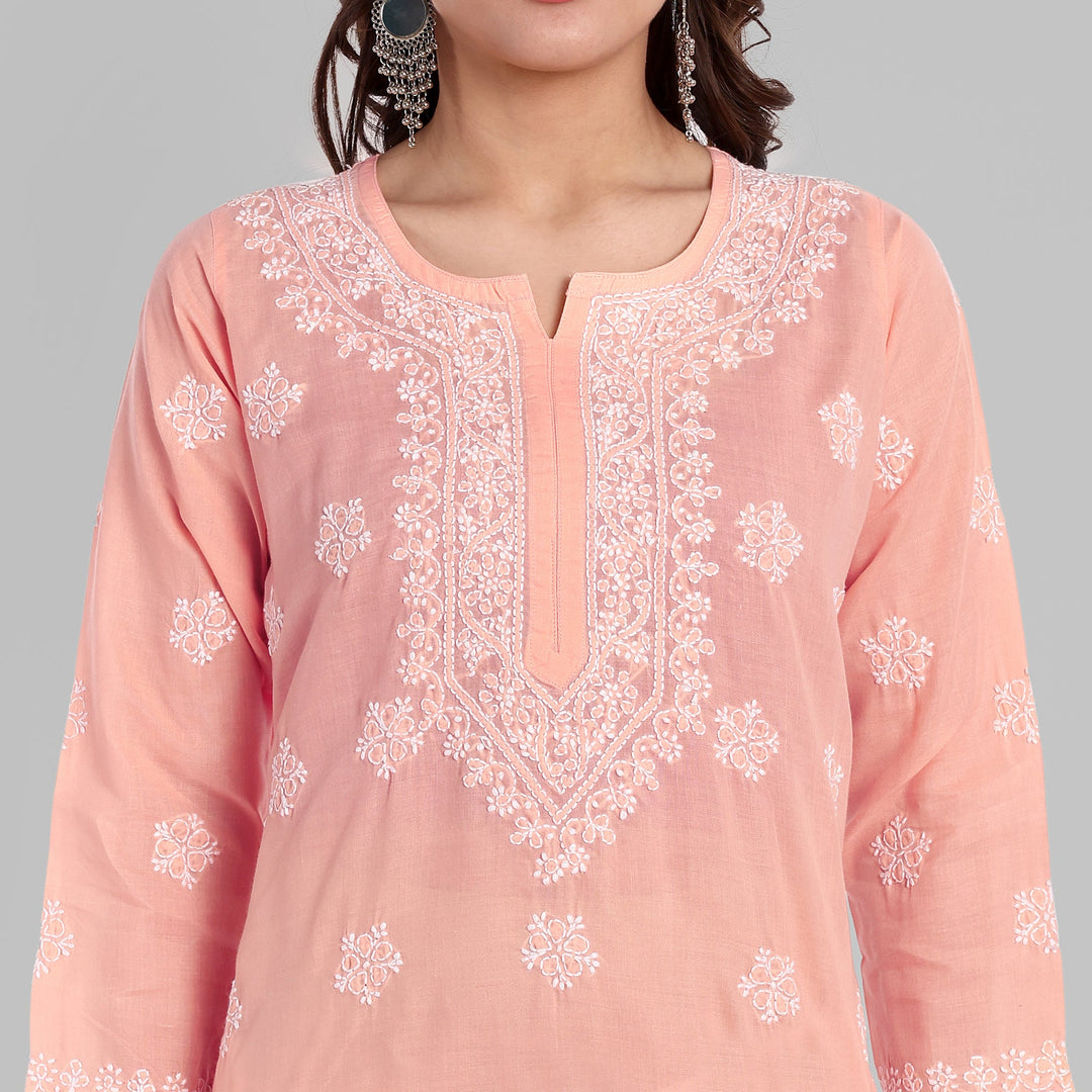 Light Peach & White Floral Bale Booti Chikankari Tunic Top