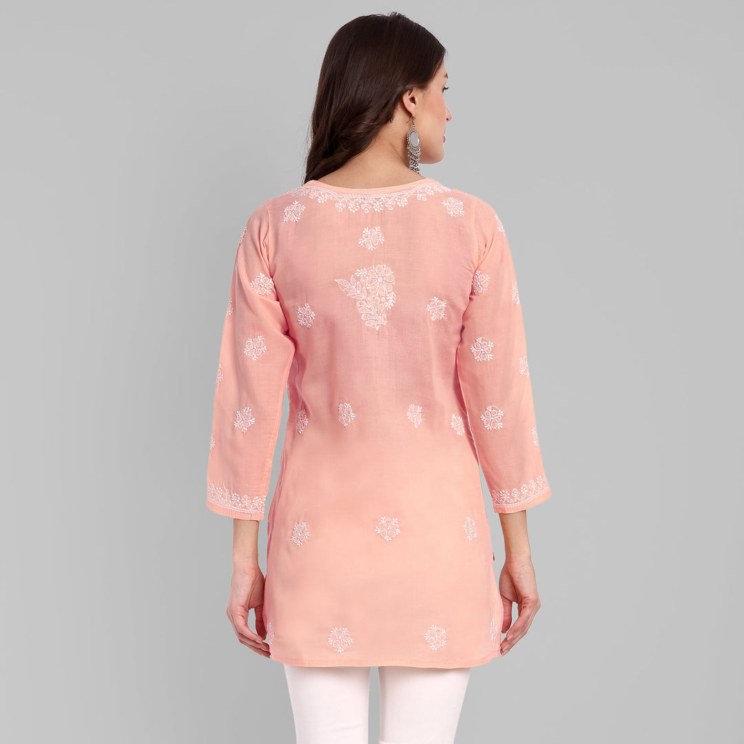 Light Peach & White Floral Bale Booti Chikankari Tunic Top