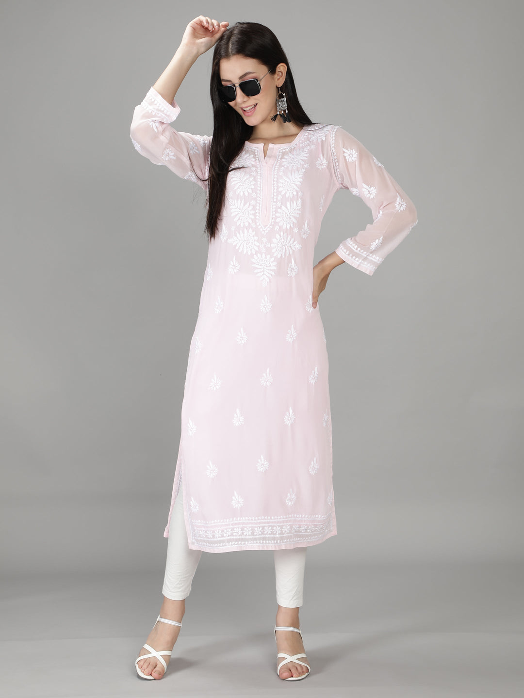 Light Pink Georgette Chikan Kurta with Slip