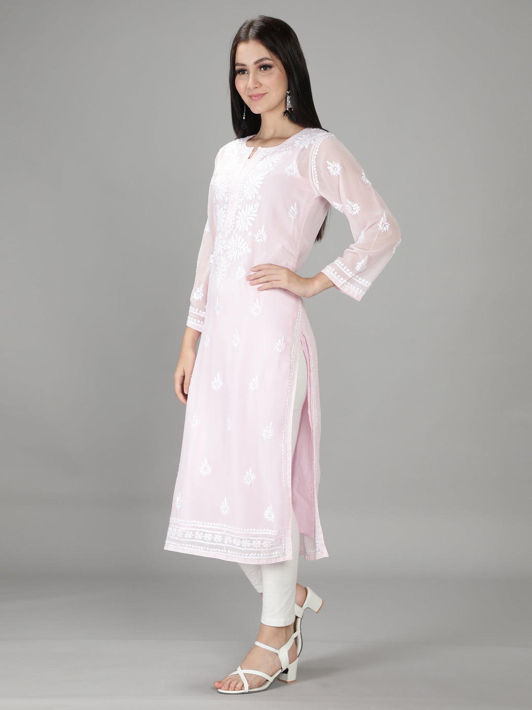 Light Pink Georgette Chikan Kurta with Slip