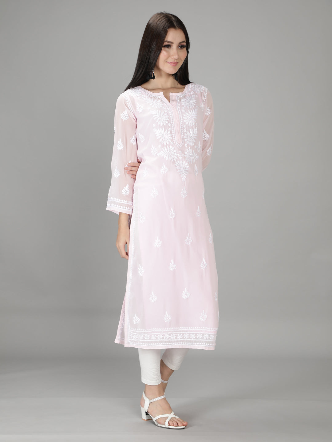 Light Pink Georgette Chikan Kurta with Slip