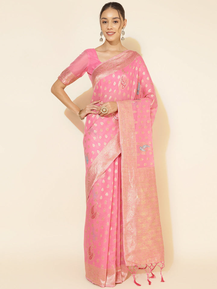 Light Pink Chanderi Silk Ethnic Motif Woven Designed Saree