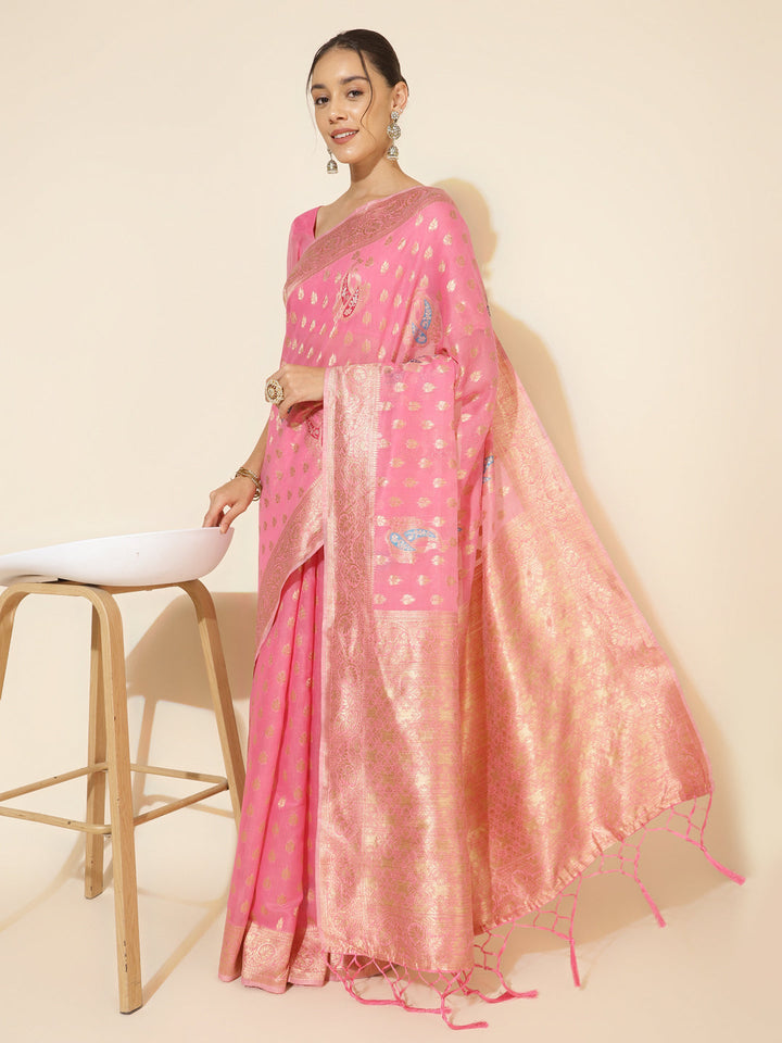 Light Pink Chanderi Silk Ethnic Motif Woven Designed Saree