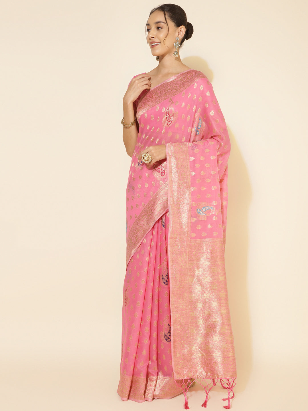 Light Pink Chanderi Silk Ethnic Motif Woven Designed Saree