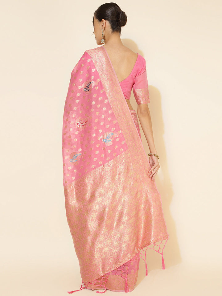 Light Pink Chanderi Silk Ethnic Motif Woven Designed Saree