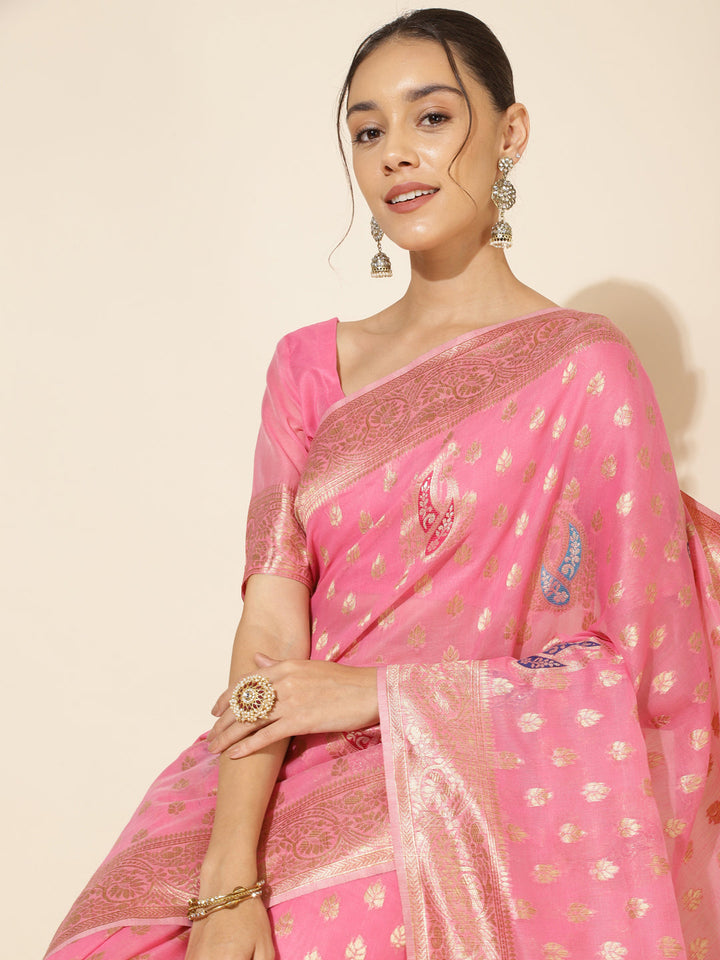 Light Pink Chanderi Silk Ethnic Motif Woven Designed Saree