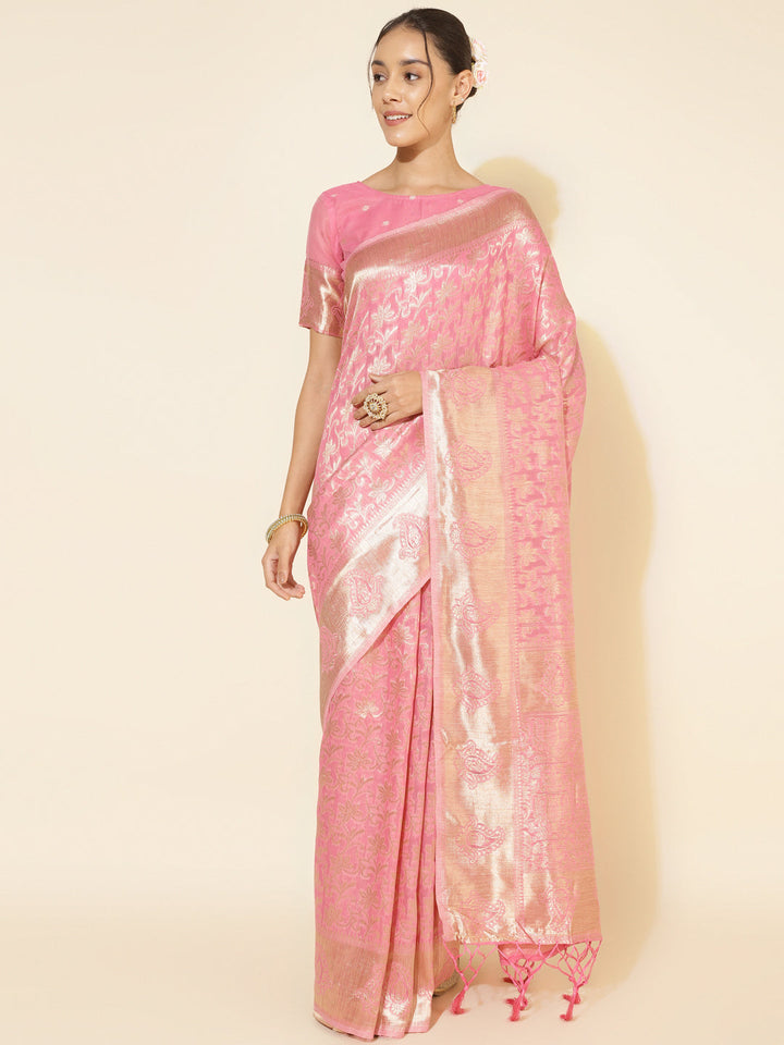 Light Pink Chanderi Silk Floral Motif Woven Designed Saree