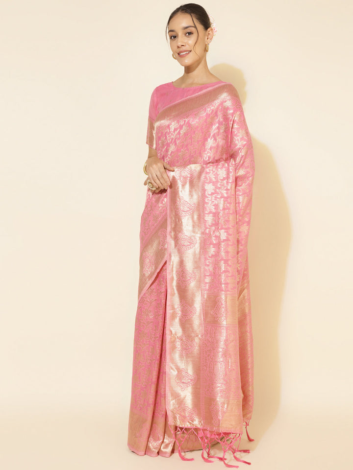 Light Pink Chanderi Silk Floral Motif Woven Designed Saree