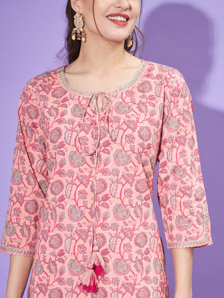 Light Pink Floral Block Print 3-Piece Kurta Suit