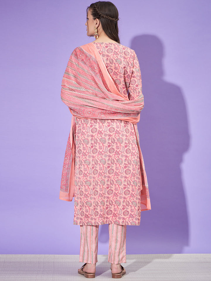Light Pink Floral Block Print 3-Piece Kurta Suit