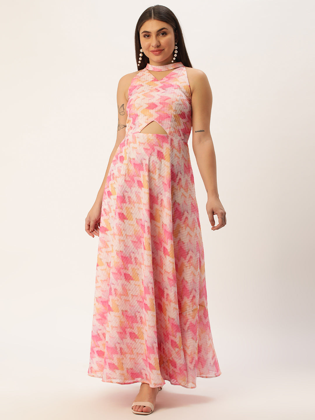 Light Pink Georgette Printed Halter Neck Sleeveless Dress