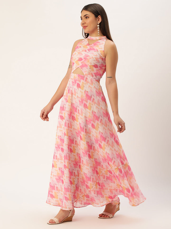 Light Pink Georgette Printed Halter Neck Sleeveless Dress