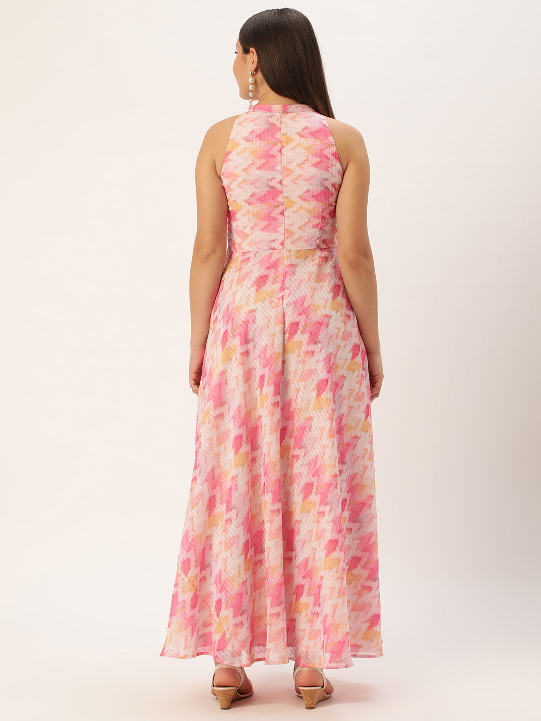 Light Pink Georgette Printed Halter Neck Sleeveless Dress