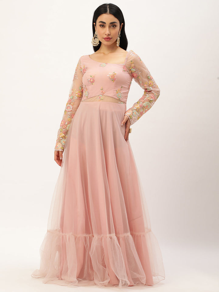 Light Pink Netted Dress with Asymmetrical Back Neckline