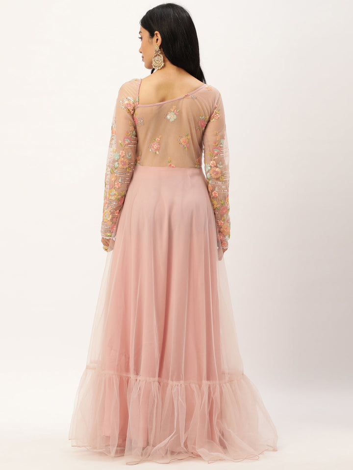 Light Pink Netted Dress with Asymmetrical Back Neckline