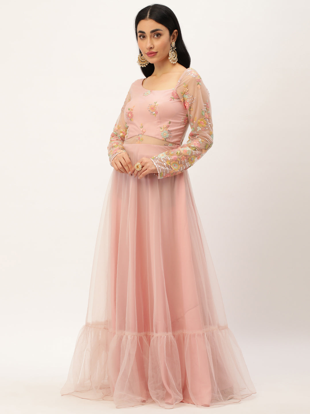 Light Pink Netted Dress with Asymmetrical Back Neckline