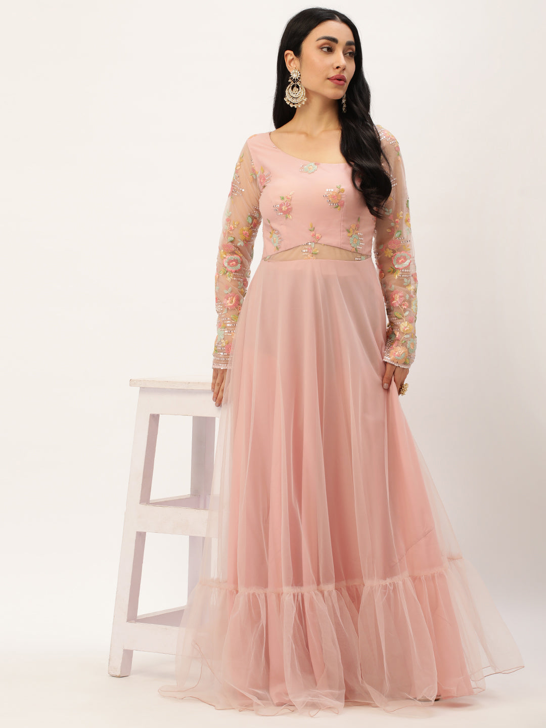 Light Pink Netted Dress with Asymmetrical Back Neckline