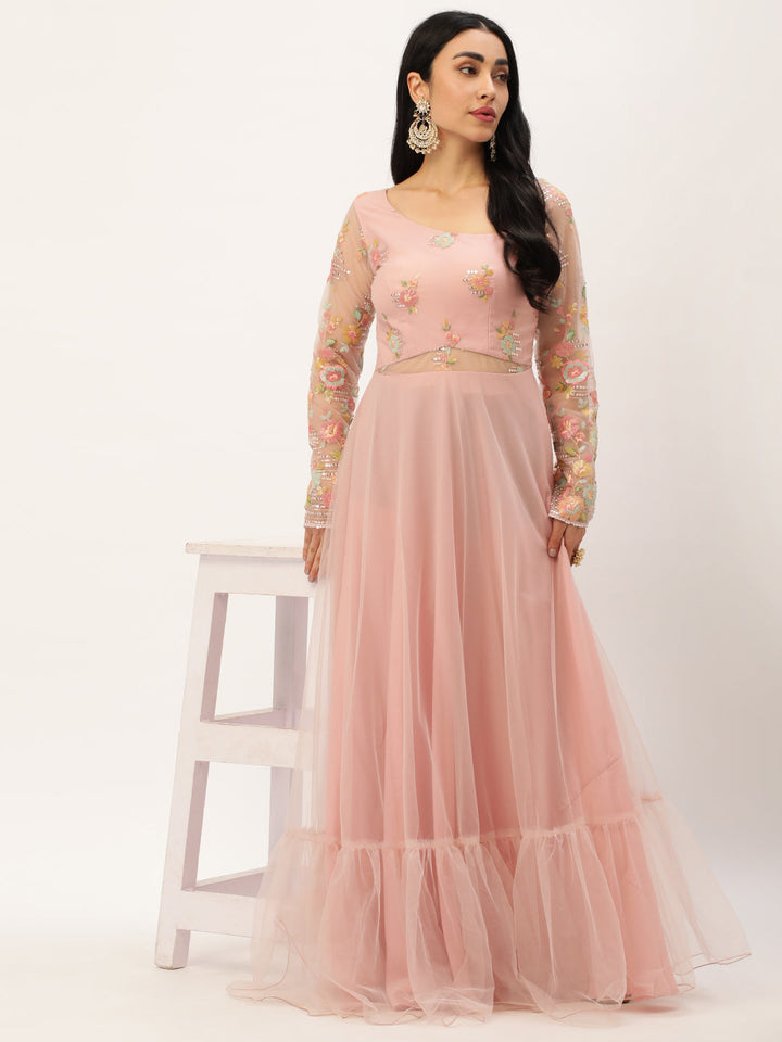 Light Pink Netted Dress with Asymmetrical Back Neckline