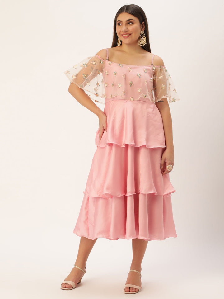Light Pink Satin & Net Embroidered 3-Tier Midi Dress