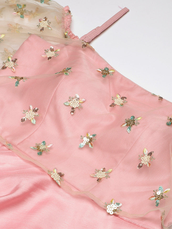 Light Pink Satin & Net Embroidered 3-Tier Midi Dress