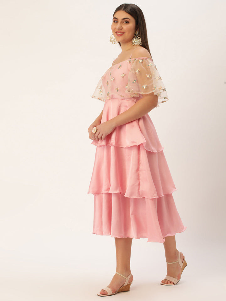 Light Pink Satin & Net Embroidered 3-Tier Midi Dress