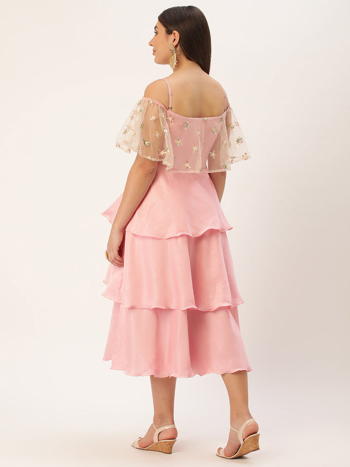 Light Pink Satin & Net Embroidered 3-Tier Midi Dress