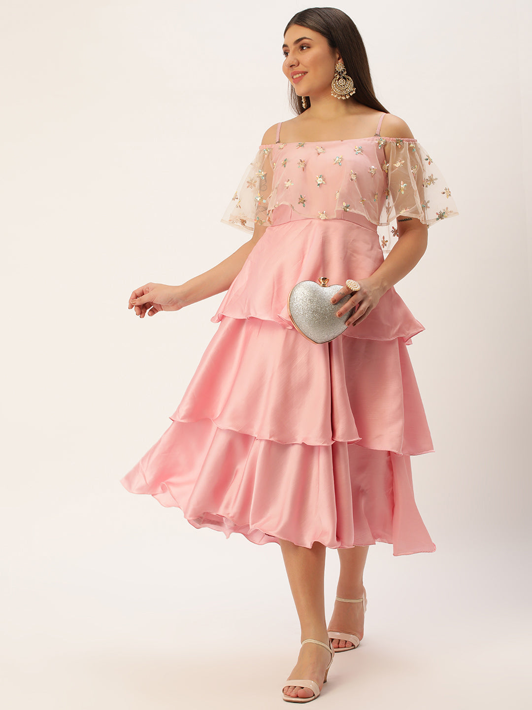 Light Pink Satin & Net Embroidered 3-Tier Midi Dress