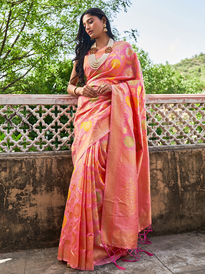 Light Pink Woven Floral Design Banarasi Silk Festive Saree