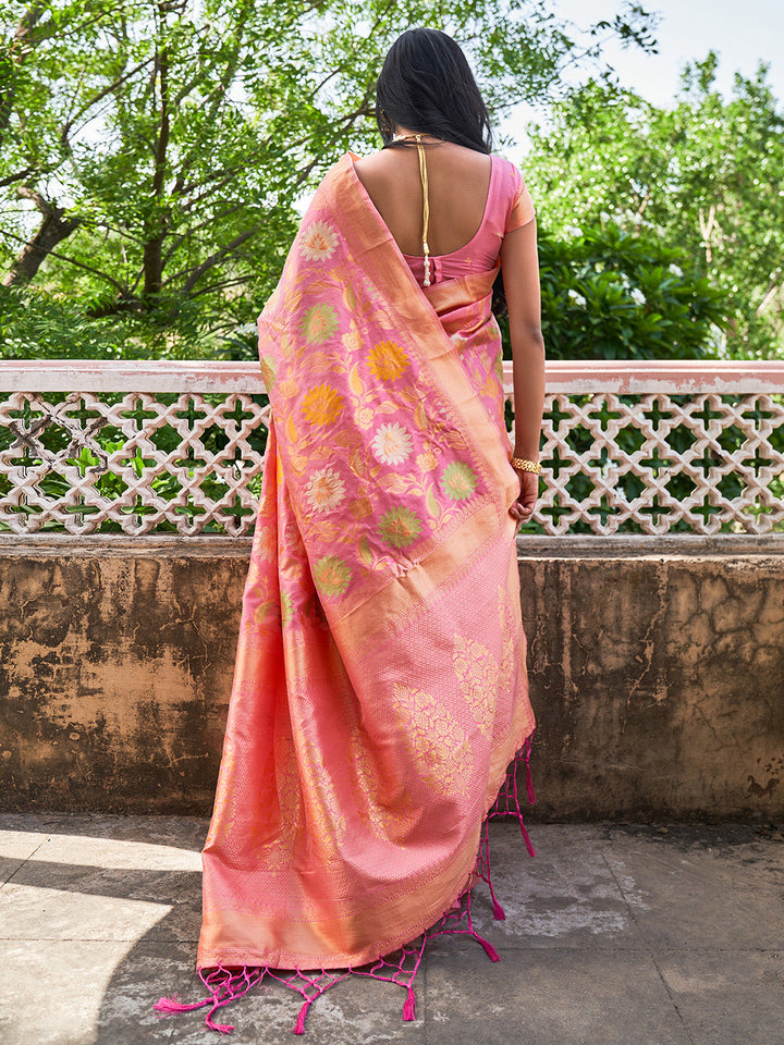 Light Pink Woven Floral Design Banarasi Silk Festive Saree