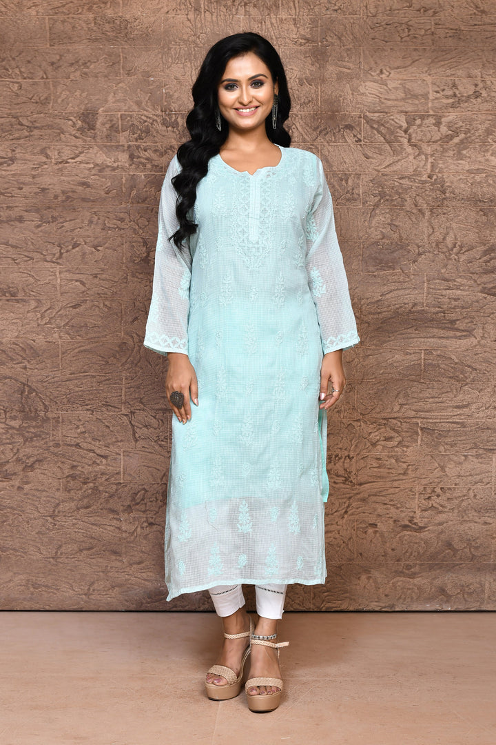 Light Pista Green Chikankari Kurta With Voil Cotton Lining