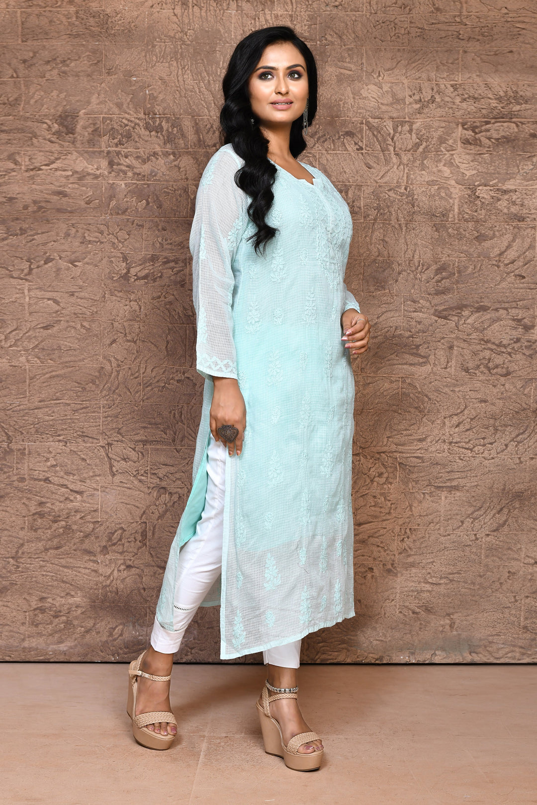 Light Pista Green Chikankari Kurta With Voil Cotton Lining