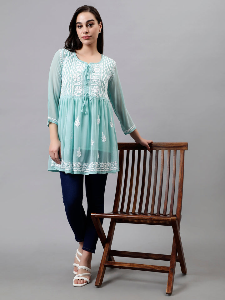 Light Sea Green Georgette Chikankari Frock with Slip