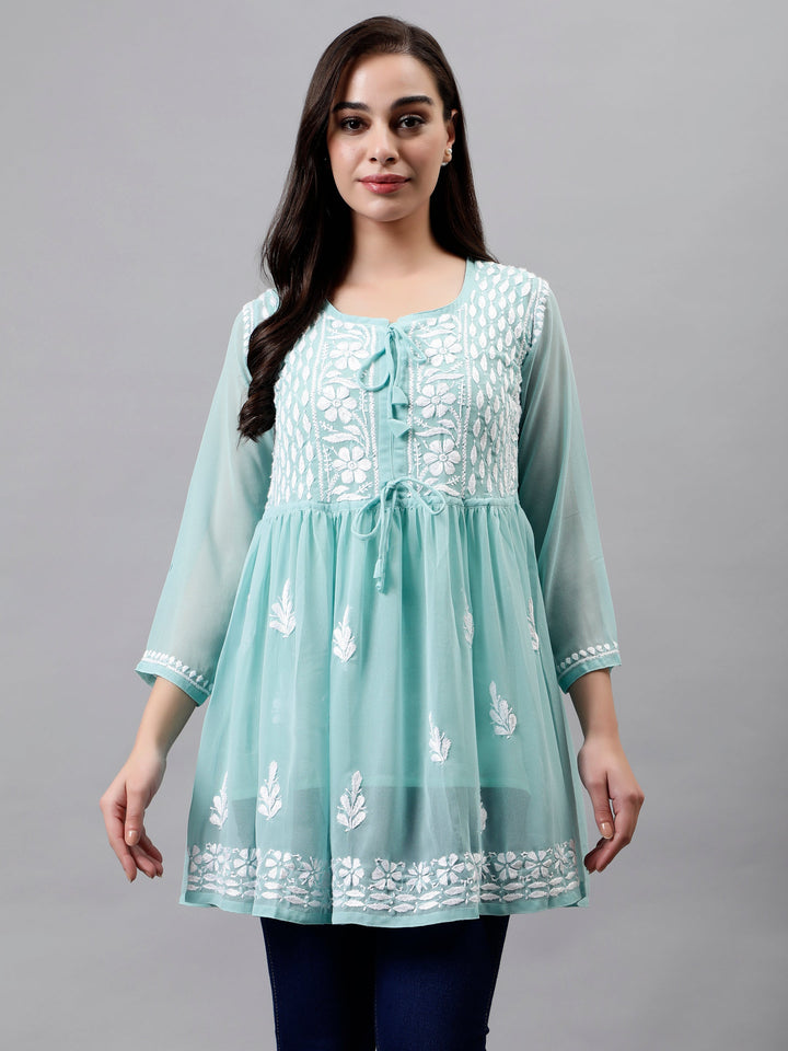 Light Sea Green Georgette Chikankari Frock with Slip