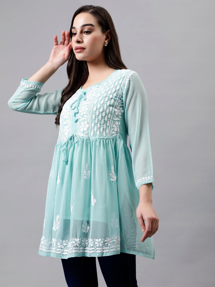 Light Sea Green Georgette Chikankari Frock with Slip