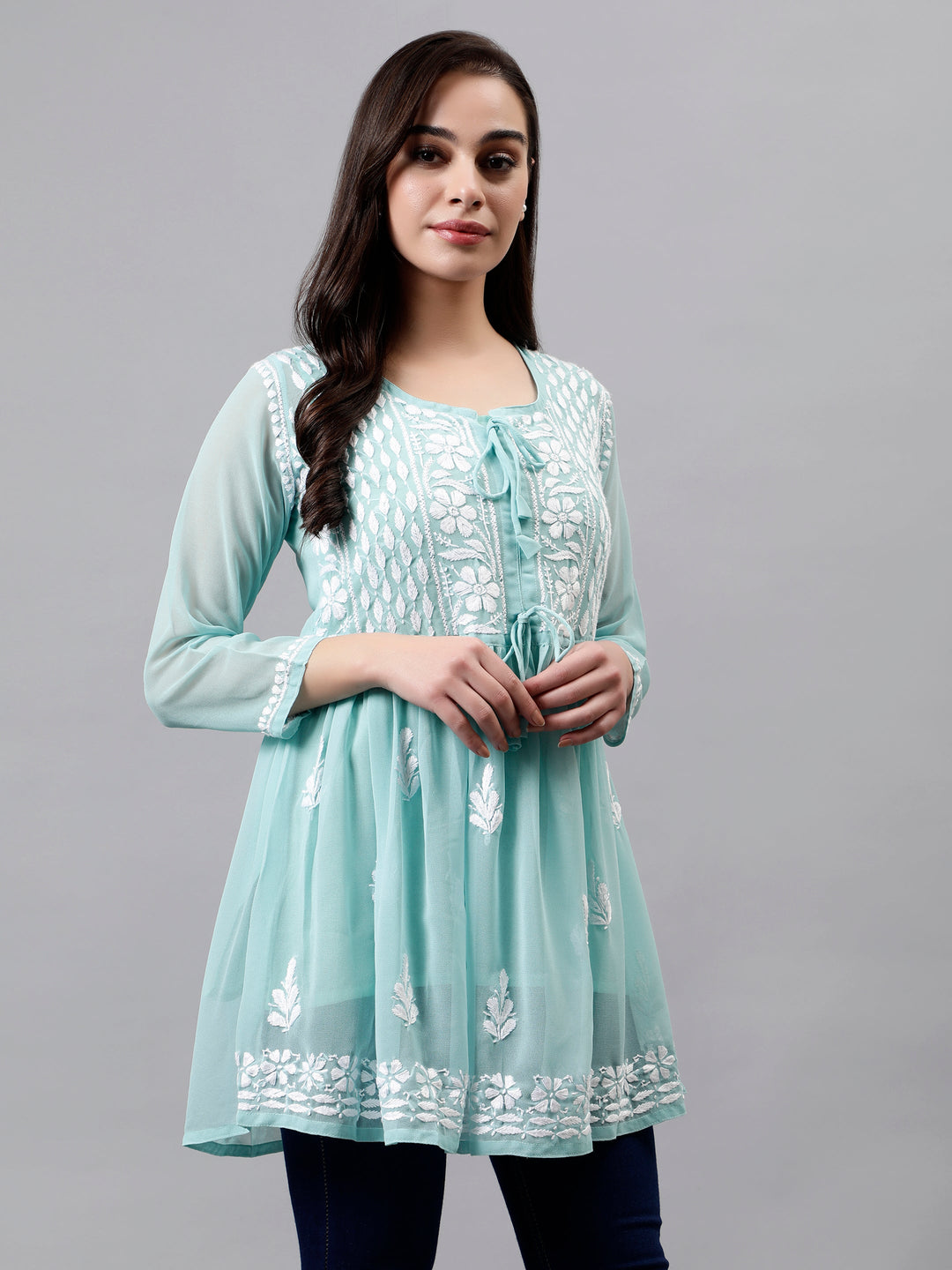 Light Sea Green Georgette Chikankari Frock with Slip