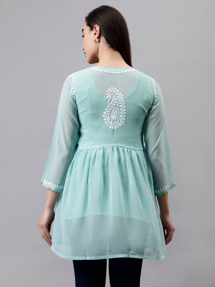 Light Sea Green Georgette Chikankari Frock with Slip