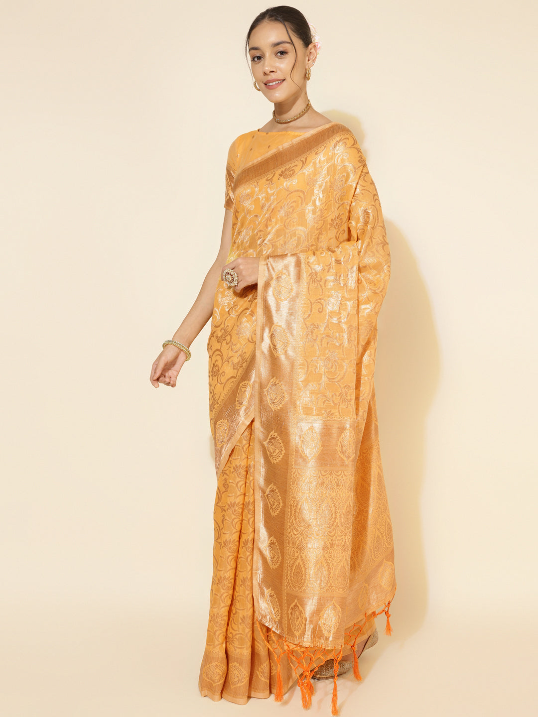 Light Yellow Chanderi Silk Woven Ethnic Motif Saree