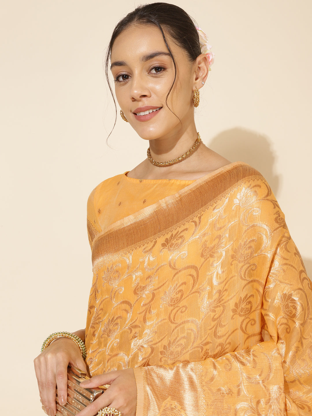 Light Yellow Chanderi Silk Woven Ethnic Motif Saree