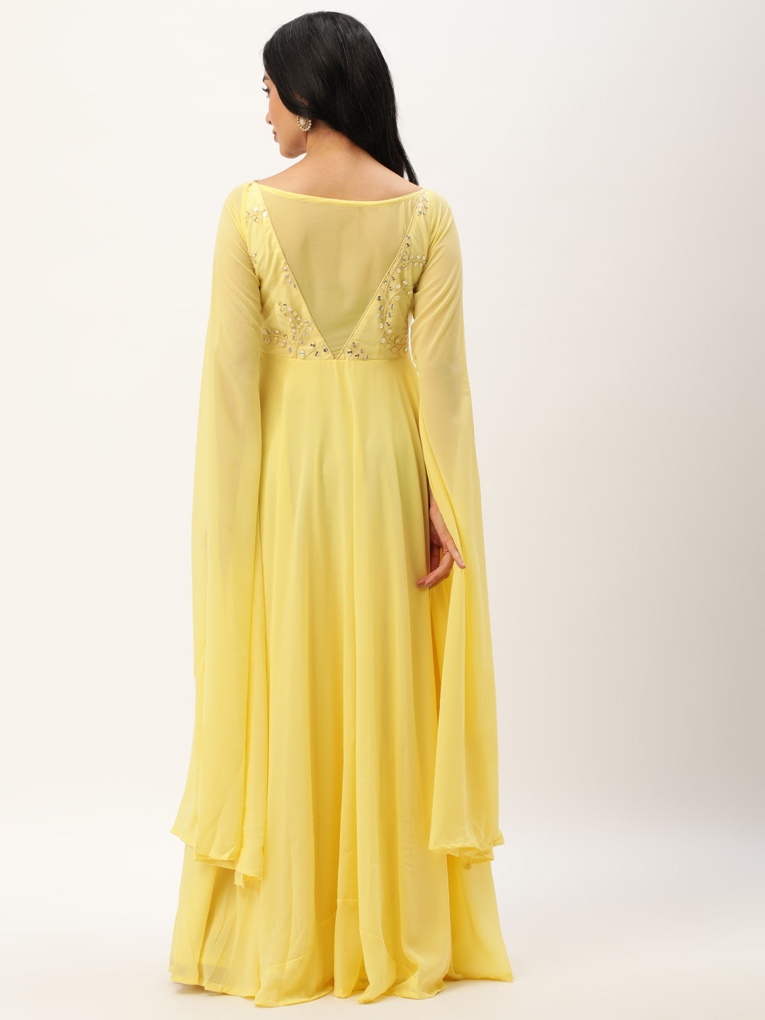 Light Yellow Sequin & Gota Patti Georgette Kali Gown