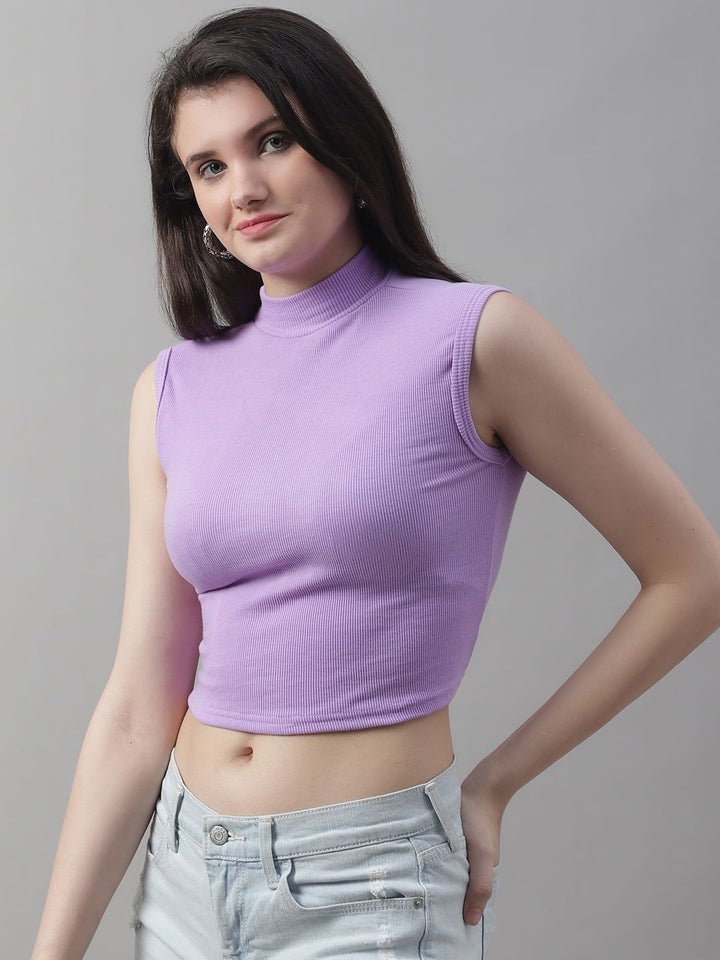 Lilac Cotton Turtle-Neck Sleeveless Crop Top