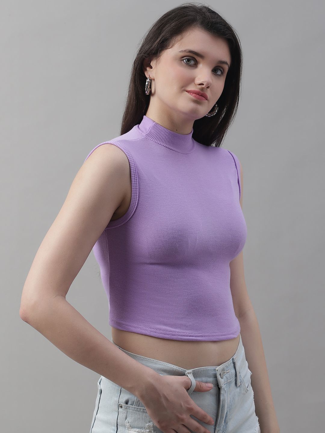 Lilac Cotton Turtle-Neck Sleeveless Crop Top
