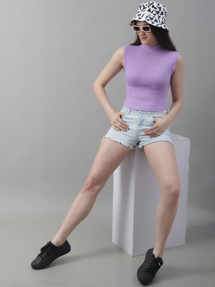 Lilac Cotton Turtle-Neck Sleeveless Crop Top